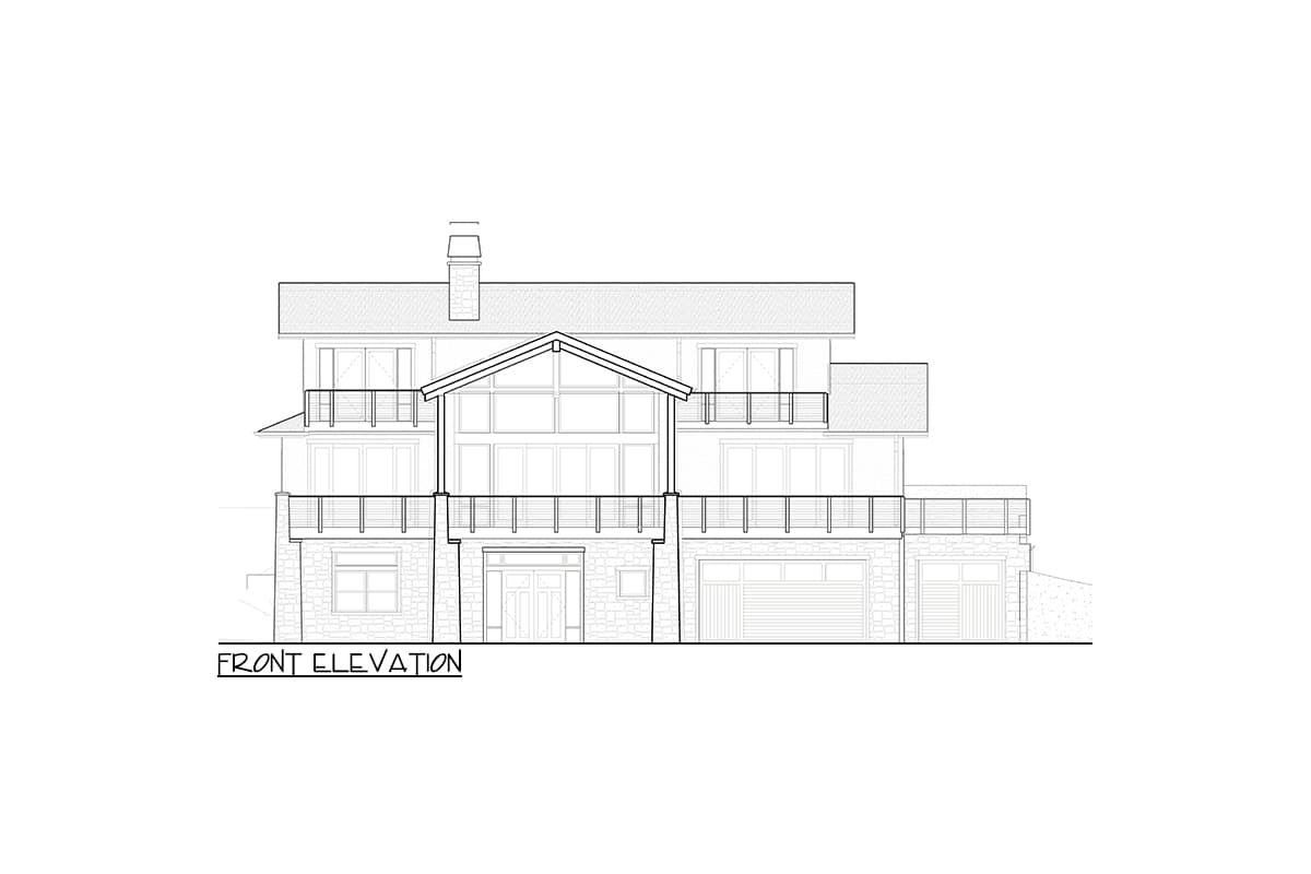 Front elevation drawing of a multi-story house with stone facade, multiple balconies, large windows, and a pitched gable roof over the entryway.