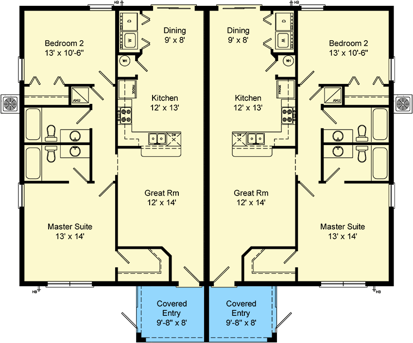Plan 64334BT: Southern Duplex House Plan with 2 Bed Units - 1066 Sq Ft Each - Floor Plan - Main Level - Florida-Style, Ranch, Southern