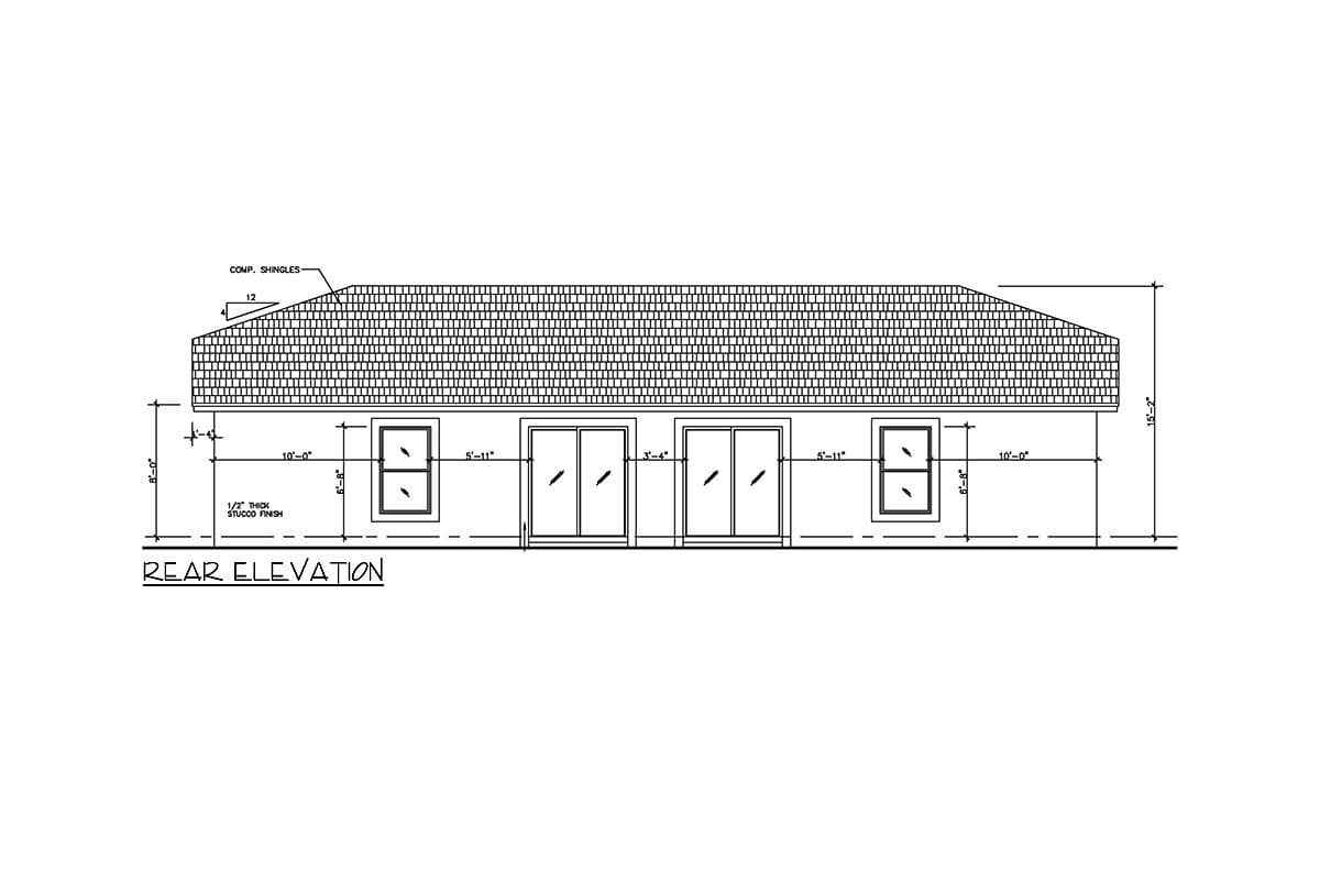 Rear elevation drawing shows stucco finish, two windows, and double sliding glass doors below a shingled roof.