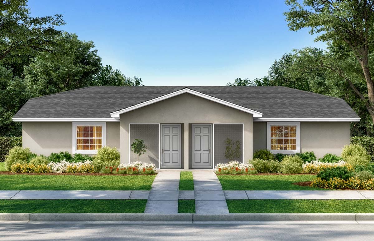 House plan exterior. One story with a symmetrical facade, gabled roof, and two entry doors. Features include large windows and a manicured lawn.