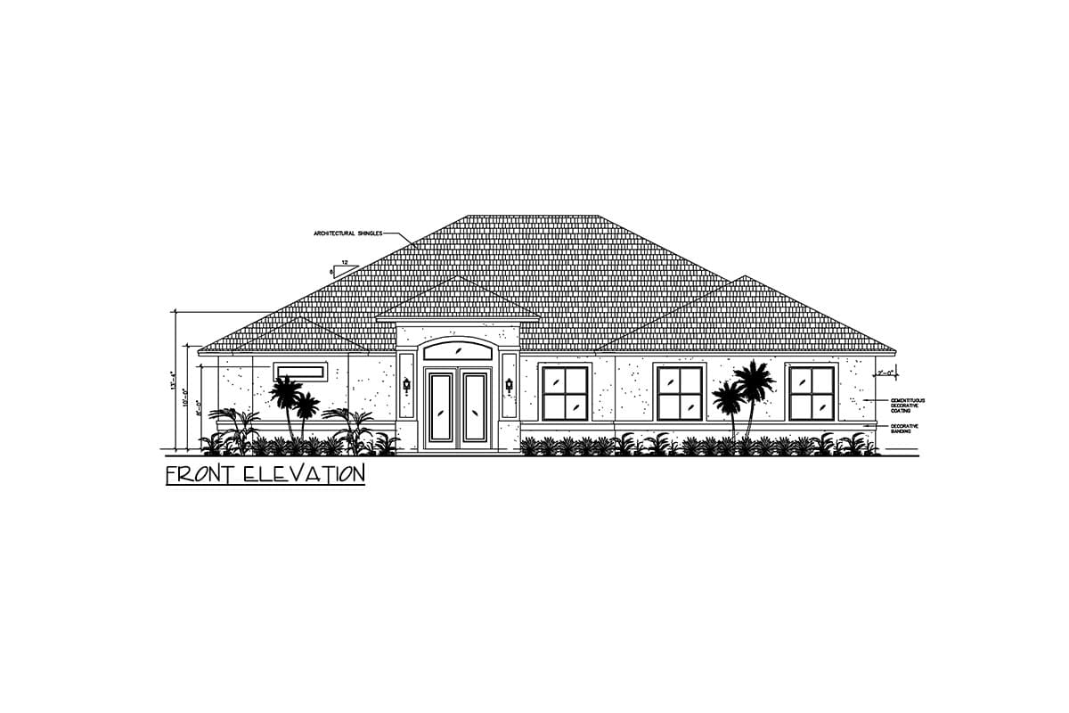 Front elevation house plan drawing showing a single-story home with a hipped roof, double entry doors, and multiple windows.