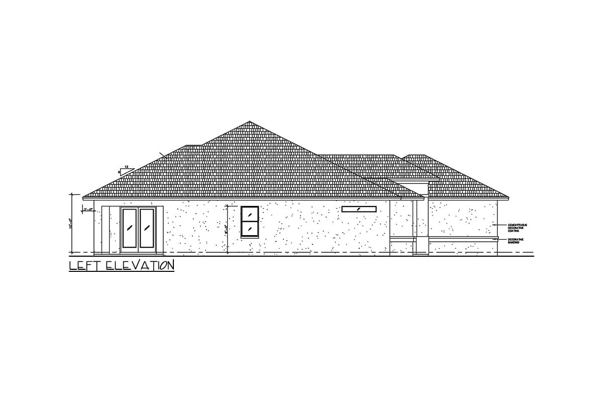 Left elevation drawing of a single-story house plan with double doors, a gable roof, and decorative banding.