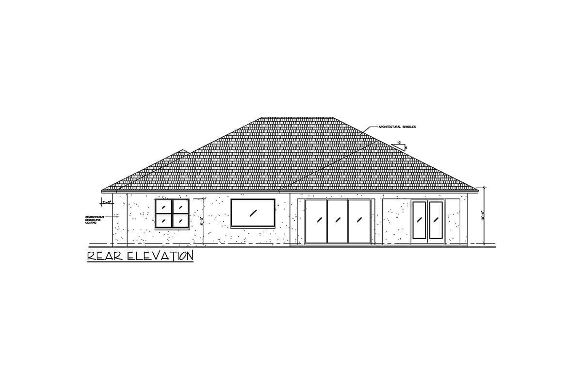 Rear elevation drawing of a house plan with a hip roof, cementitious coating, and multiple glass doors and windows.