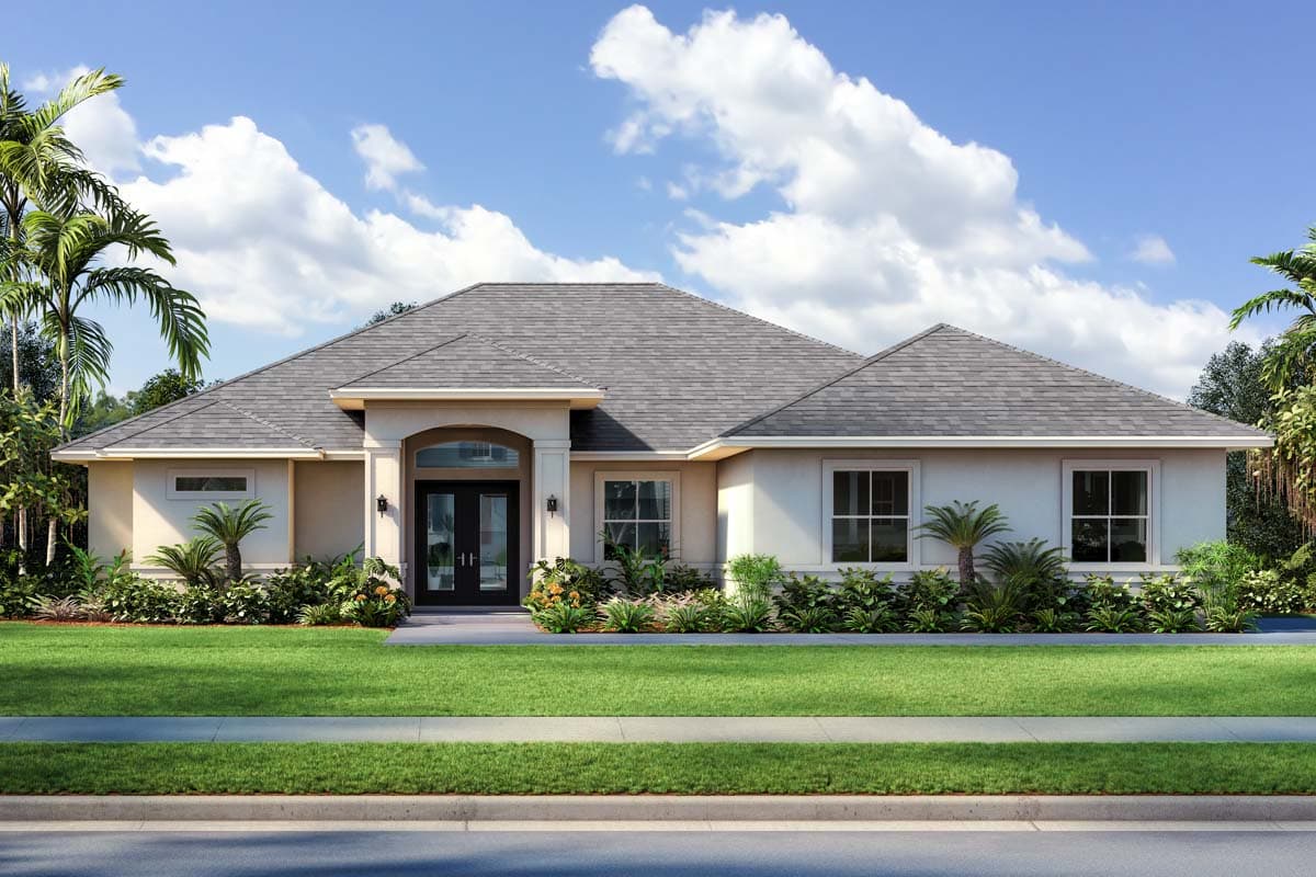 House plan exterior. Single-story home with a hip roof and arched entry. Features include double front doors and multiple windows.