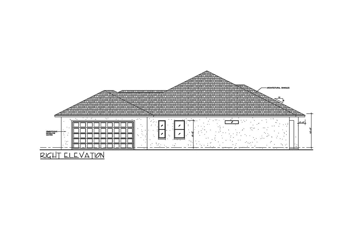 Right elevation of a one-story house plan, showing a two-car garage, two windows, and architectural shingles.