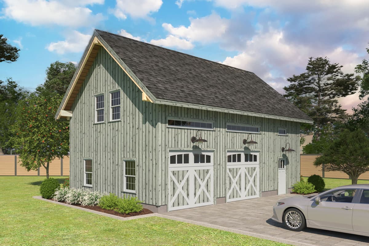 House plan exterior. Two-story barn-style structure with gable roof, two garage doors, and carriage-style lighting fixtures.