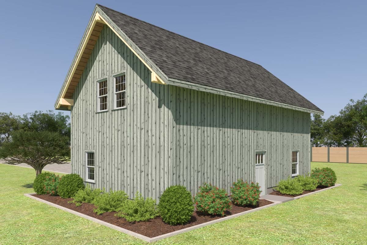 House plan exterior: Two-story structure with vertical siding, gabled roof, multiple windows, and a prominent dormer.