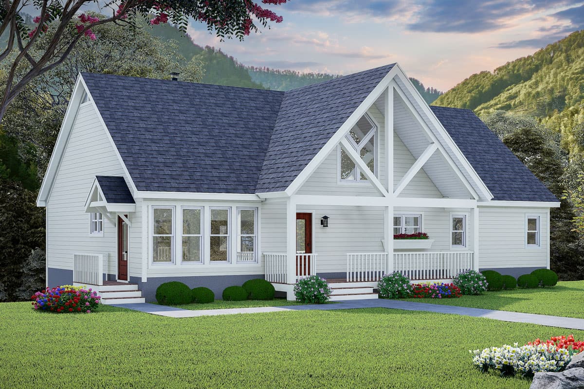House plan exterior with Craftsman style. Features include a gable roof, covered porch, and exposed structural elements on the facade.