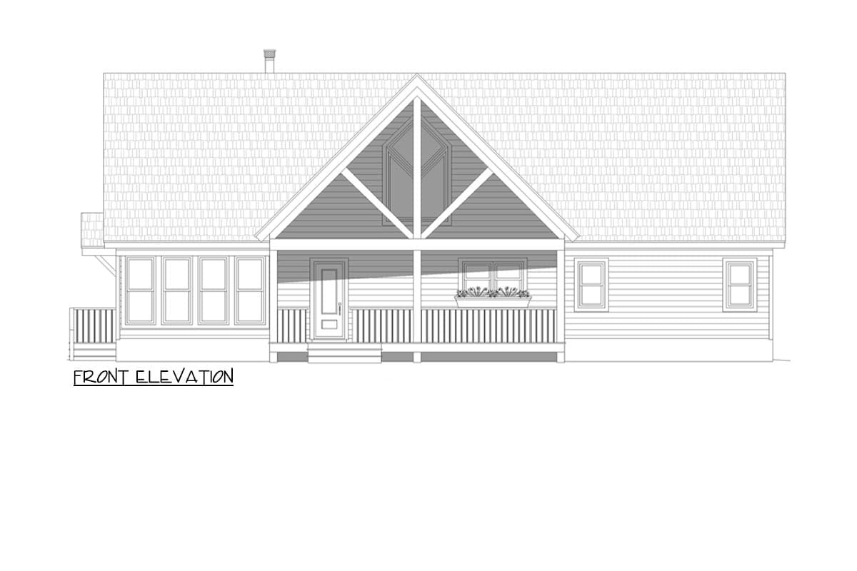 Front elevation drawing of a house plan with a gabled roof, covered porch, and multiple windows.