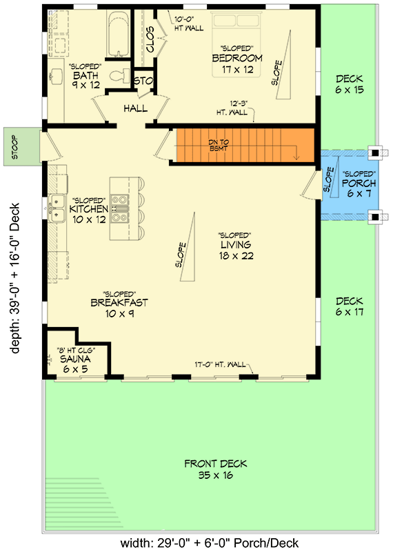 Plan 680335VR: 1-Bed Modern Mountain Home Plan with Wrap Around Deck and Sauna - 1131 Sq Ft - Floor Plan - Main Level - Cottage, Mid Century Modern, Modern, Mountain, Vacation