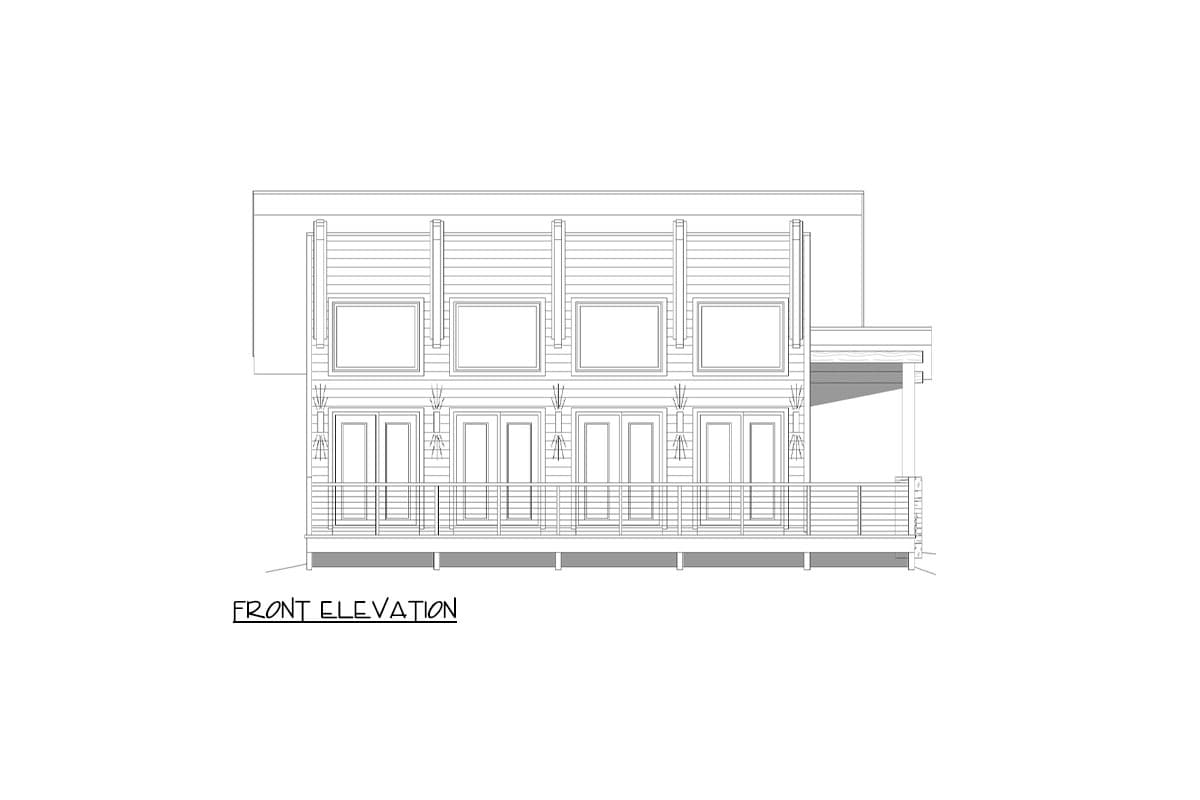 Front elevation drawing of a two-story house plan with multiple doors, windows, and a wraparound deck.