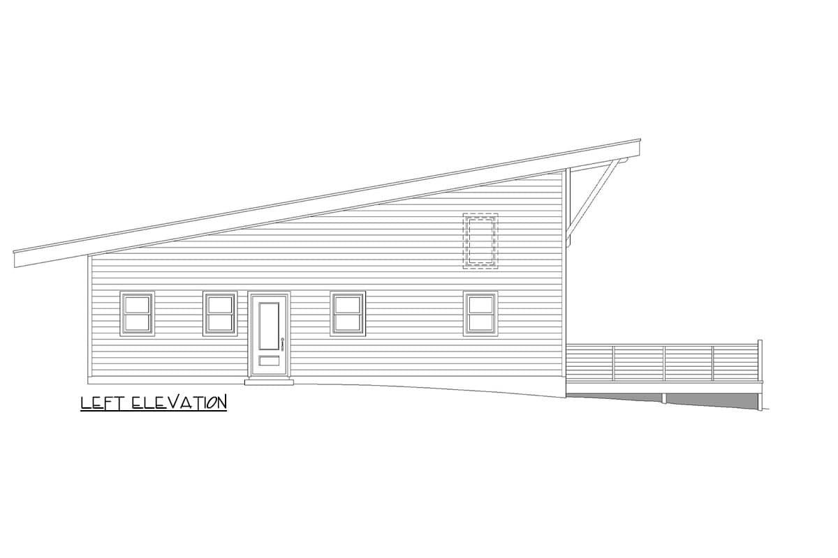 Left elevation drawing of a house plan with a sloped roof, porch, and multiple windows.