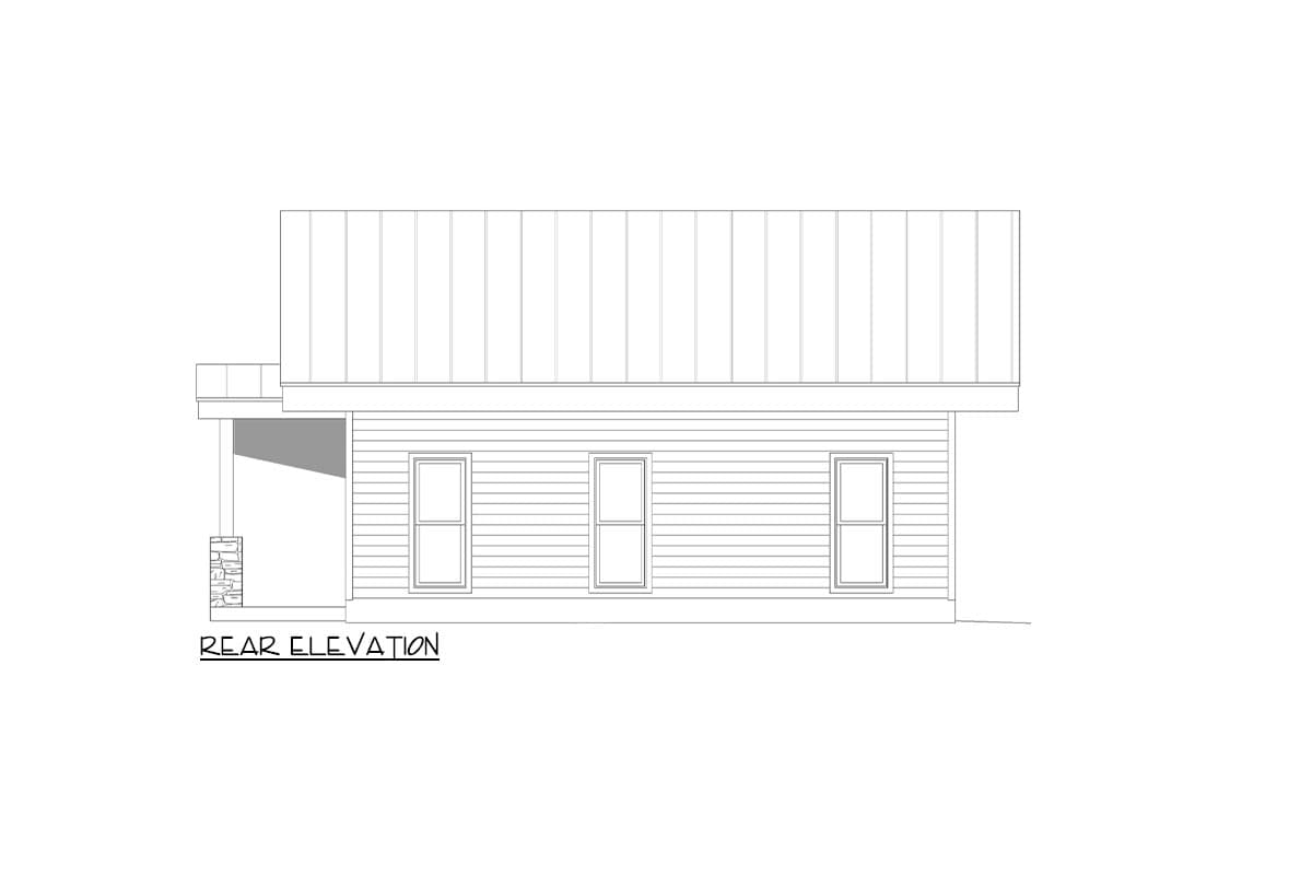 Rear elevation drawing of house plan with a metal roof, three windows, and a covered porch with stone accents.