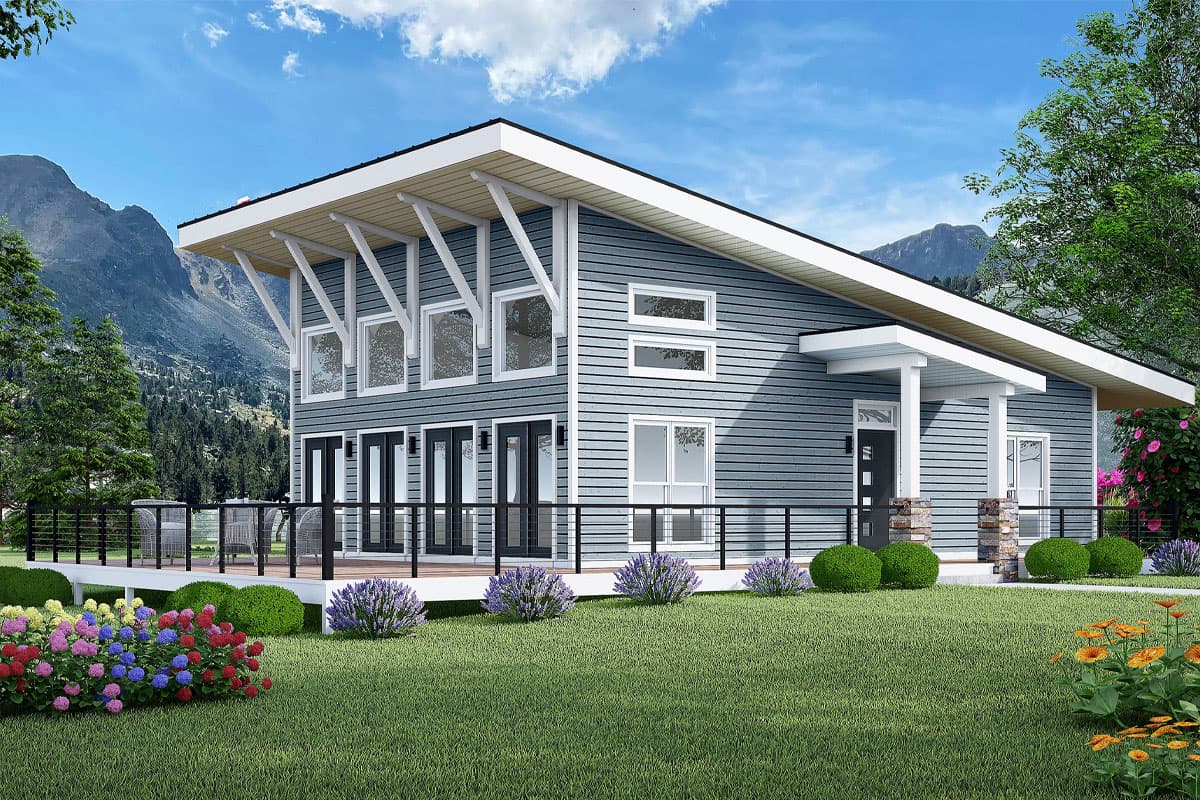 House plan exterior. Modern style with a single story. Features include a covered entry, shed roof, and large windows. Includes a deck.