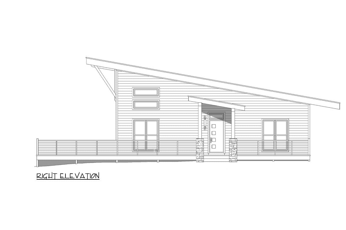 Right elevation house plan: modern style with a sloped roof, horizontal siding, covered entry, and large deck.