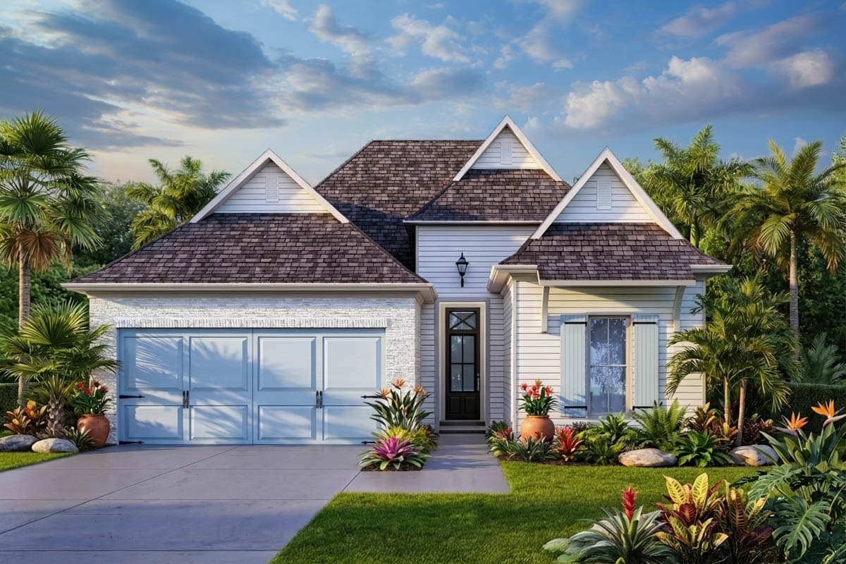 A two-story house with a light blue garage door and dark shingled roof is surrounded by lush tropical landscaping under a blue sky.