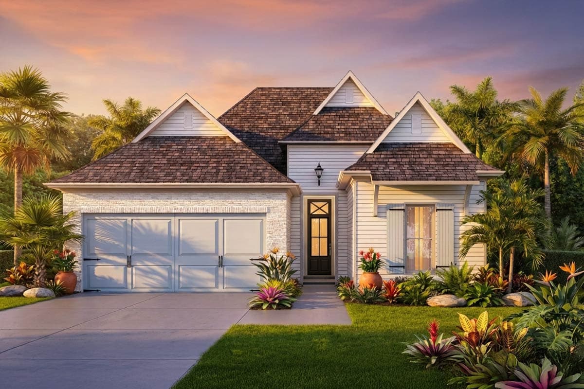A white house with a brown shingled roof, a brick garage, and a black front door. Palm trees and colorful plants surround the home.