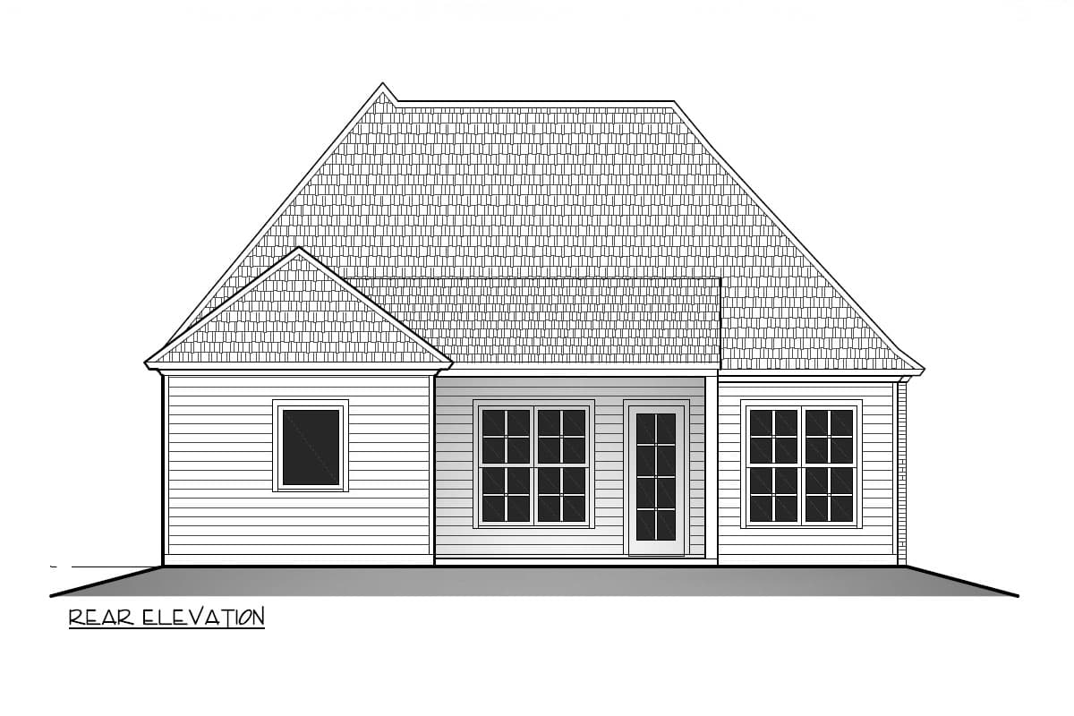 Line drawing of a house rear elevation. Features a steeply pitched roof, windows, and a doorway. Siding details and roof shingles are visible.