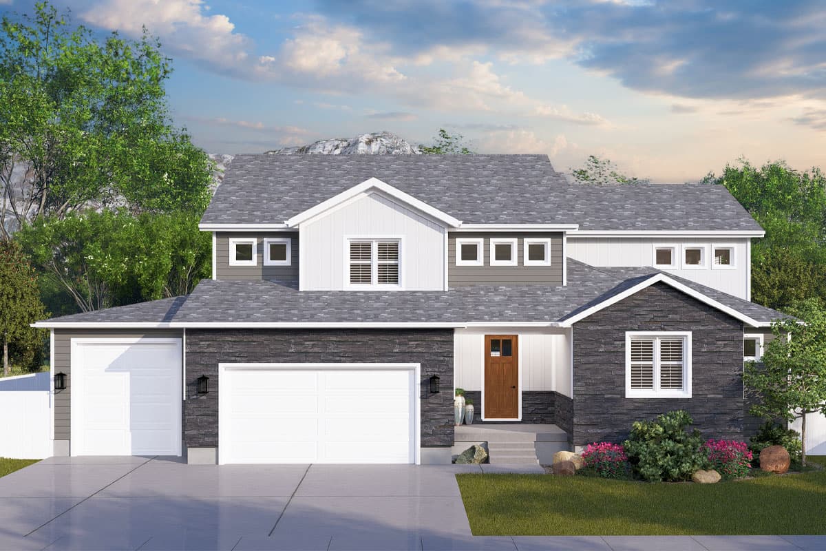 House plan exterior. Two-story home with a gabled roof, stone veneer accents, and an attached garage. Features dormers above the front entry.