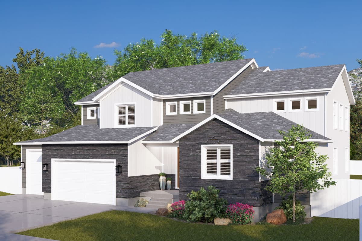 House plan exterior: Two-story home with a prominent gabled front, stone veneer accents, and a side-facing garage.
