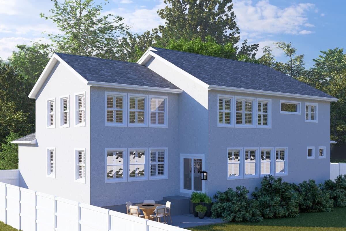 Two-story house plan exterior with multiple gabled roof sections, numerous windows, and a rear patio.
