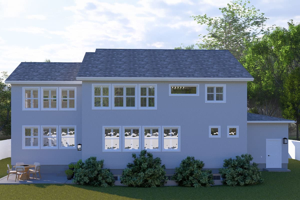 House plan exterior: Two-story residence with a stepped roofline, multiple grid windows, and a side-facing door.