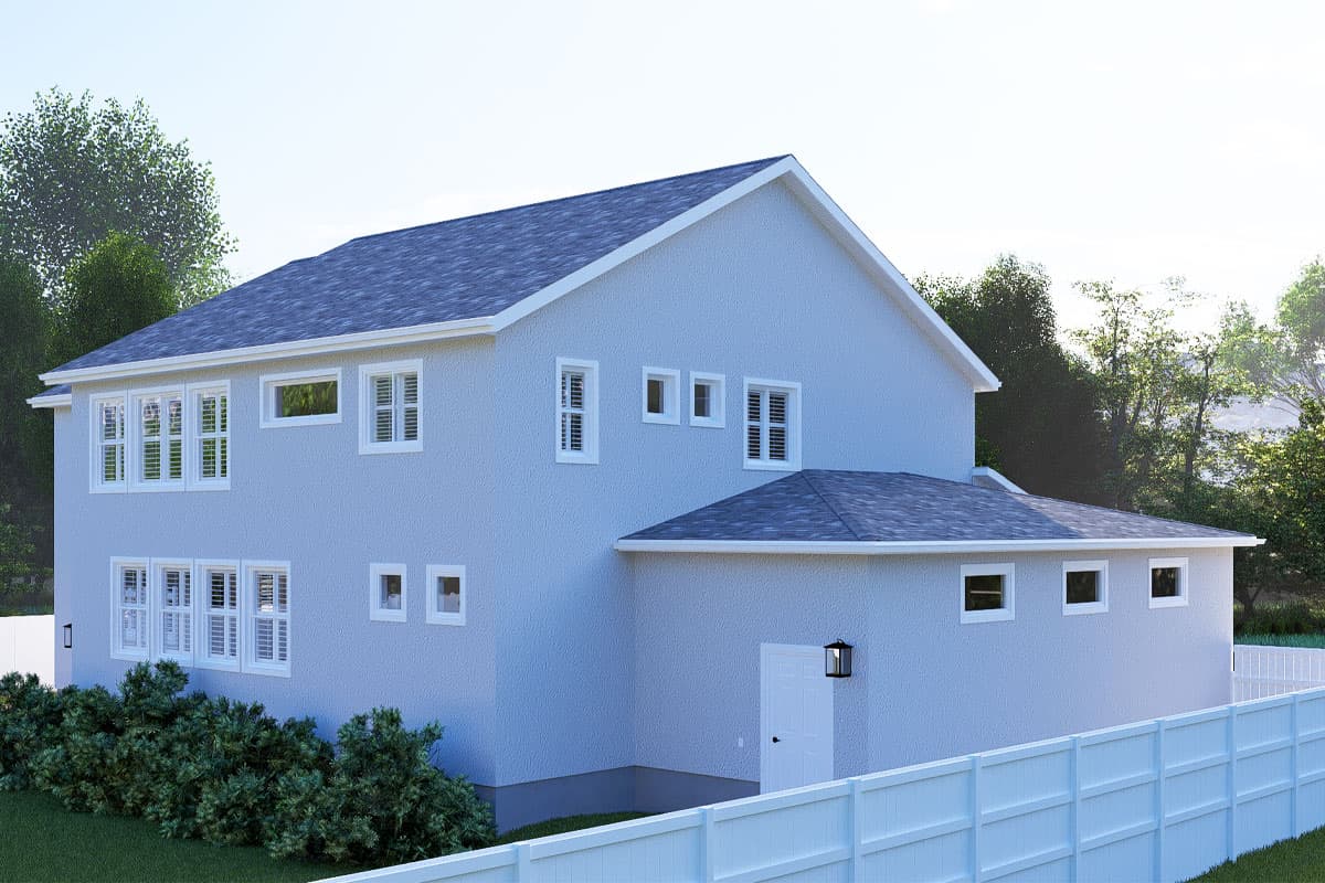 House plan exterior, two stories, multiple gables, white-trimmed windows, and attached garage with a side door.