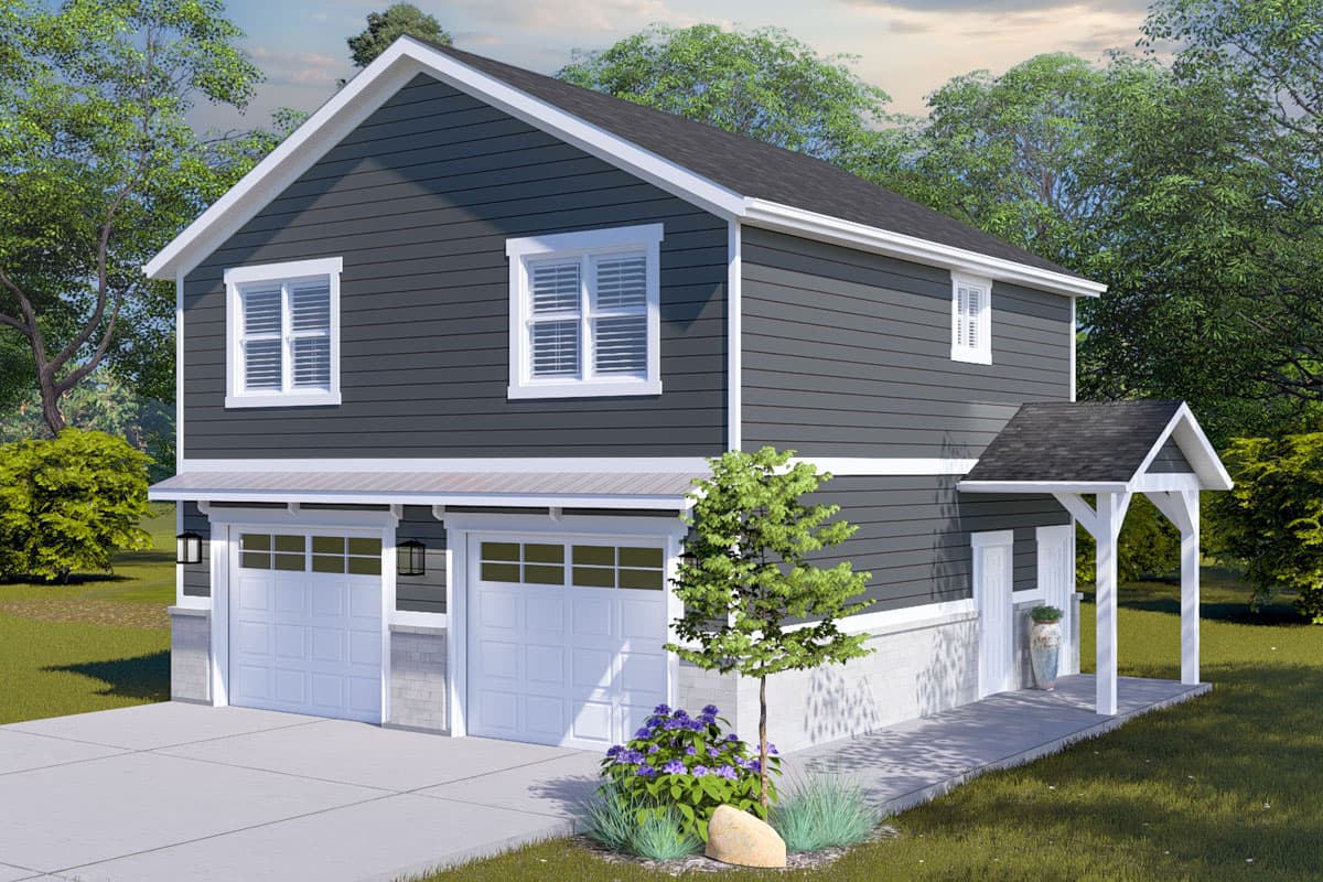 House plan exterior with two stories, a two-car garage, and a gabled roof. Features include white trim, horizontal siding, and a small porch.