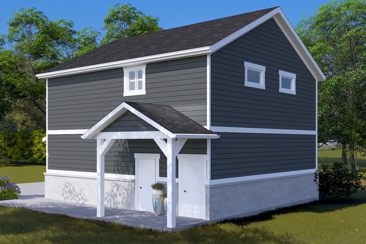 House plan exterior, two stories, dark gray siding, gable roof, covered entry with two doors, stone foundation, white trim, minimal windows.