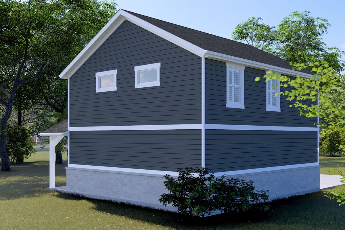 House plan exterior: Two-story structure with dark siding, white trim, and stone foundation. Features gabled roof and white-shuttered windows.