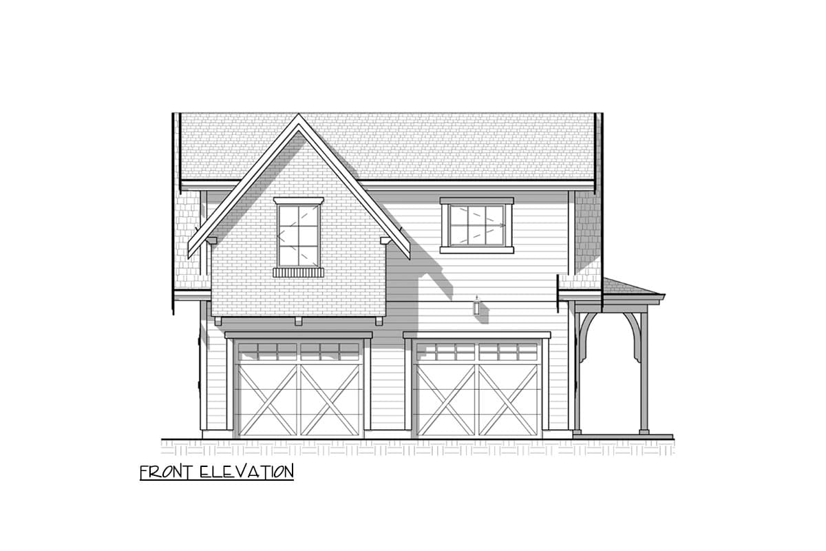 Front elevation drawing of a house plan with a gable dormer, two garage doors, and an arched porch.