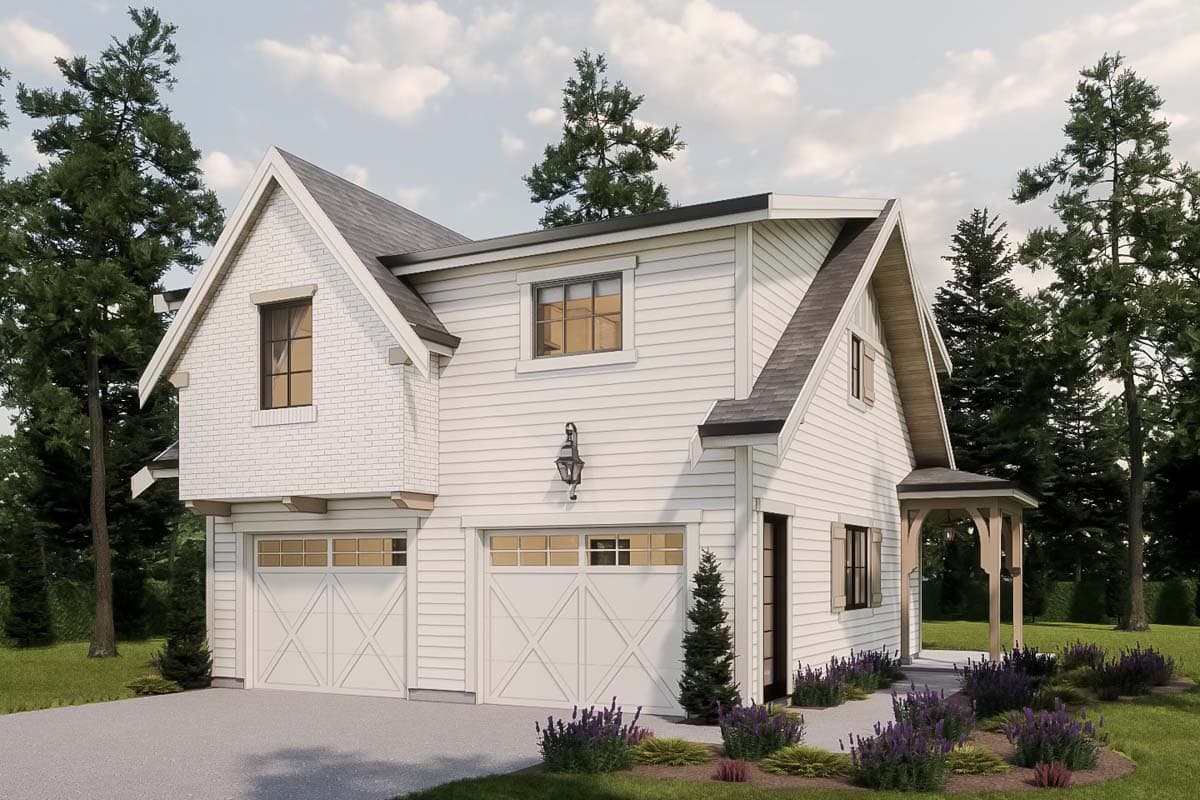 House plan exterior. Two-story Modern Farmhouse with a gabled roof, brick detail, two-car garage, and covered porch entry.