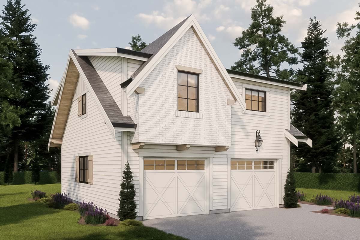 House plan exterior: Two-story modern farmhouse with gables, white brick accent, and a double garage. Architectural drawings.