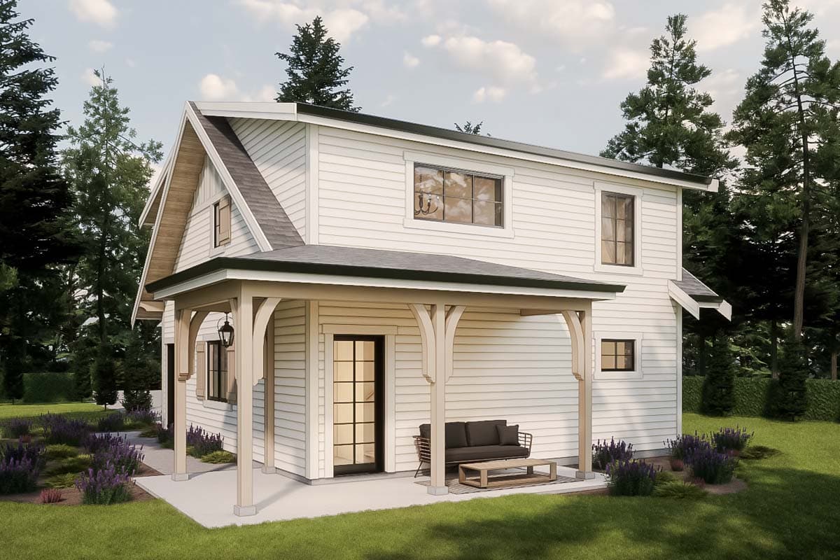 Two-story house plan exterior featuring a covered porch with arched supports, gable roofline, and horizontal siding.