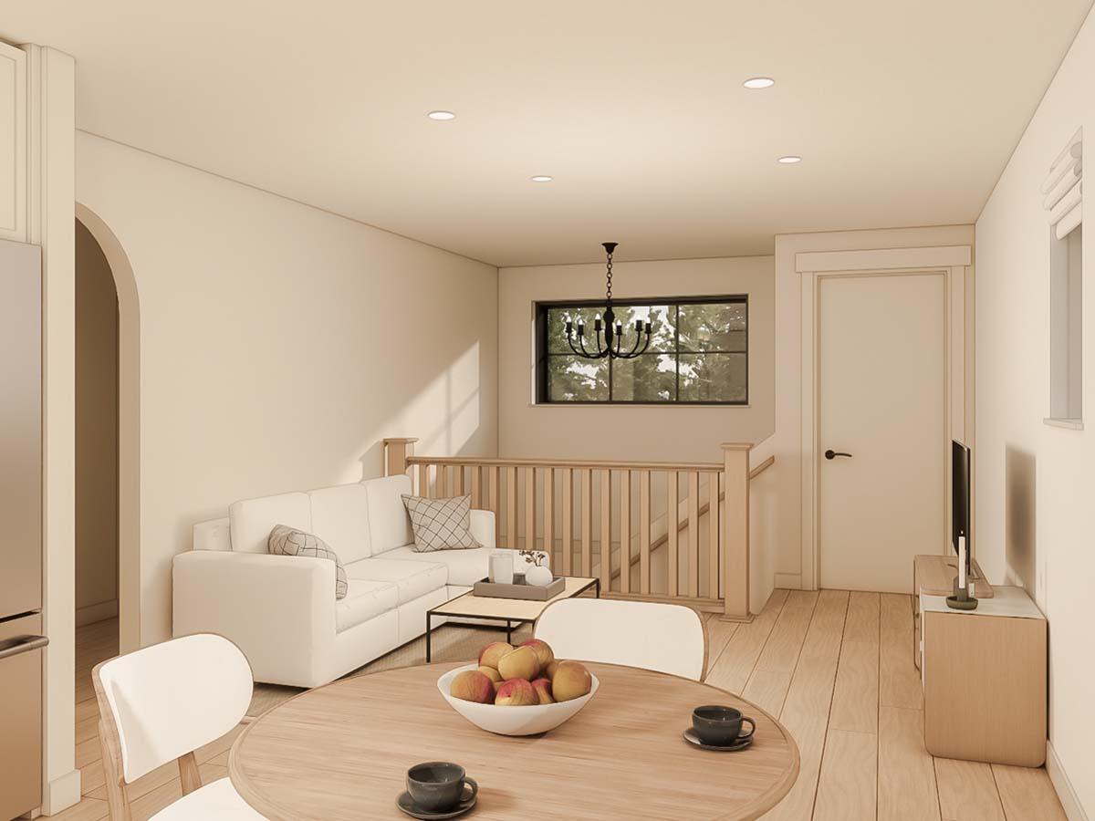 Interior rendering of an open living area with dining table, sofa, coffee table, and staircase with wood railing.