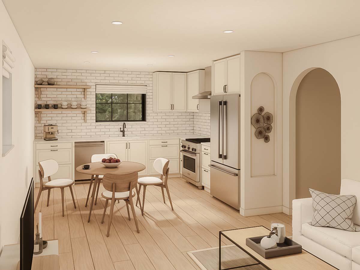 Interior rendering of a kitchen with white brick backsplash, stainless steel appliances, dining nook, and an arched doorway.
