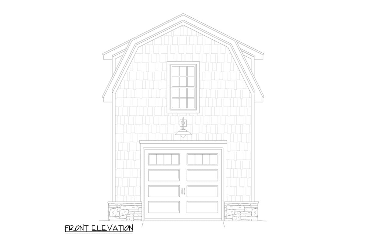 Front elevation drawing of a garage with a gambrel roof, shingle siding, stone accents, a double garage door, and a dormer window.