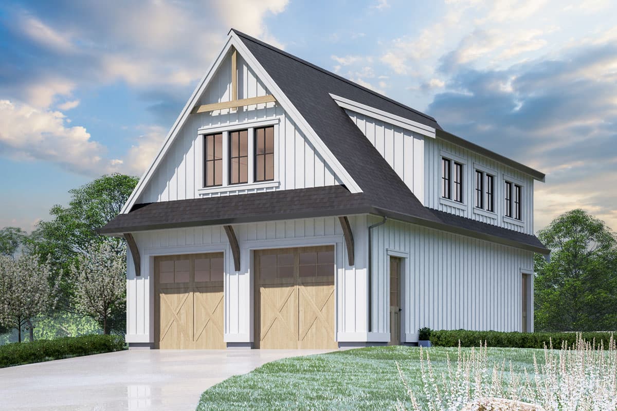 House plan exterior featuring a farmhouse style with two stories, a gable roof, wood-paneled garage doors, and dormer windows above the garage.