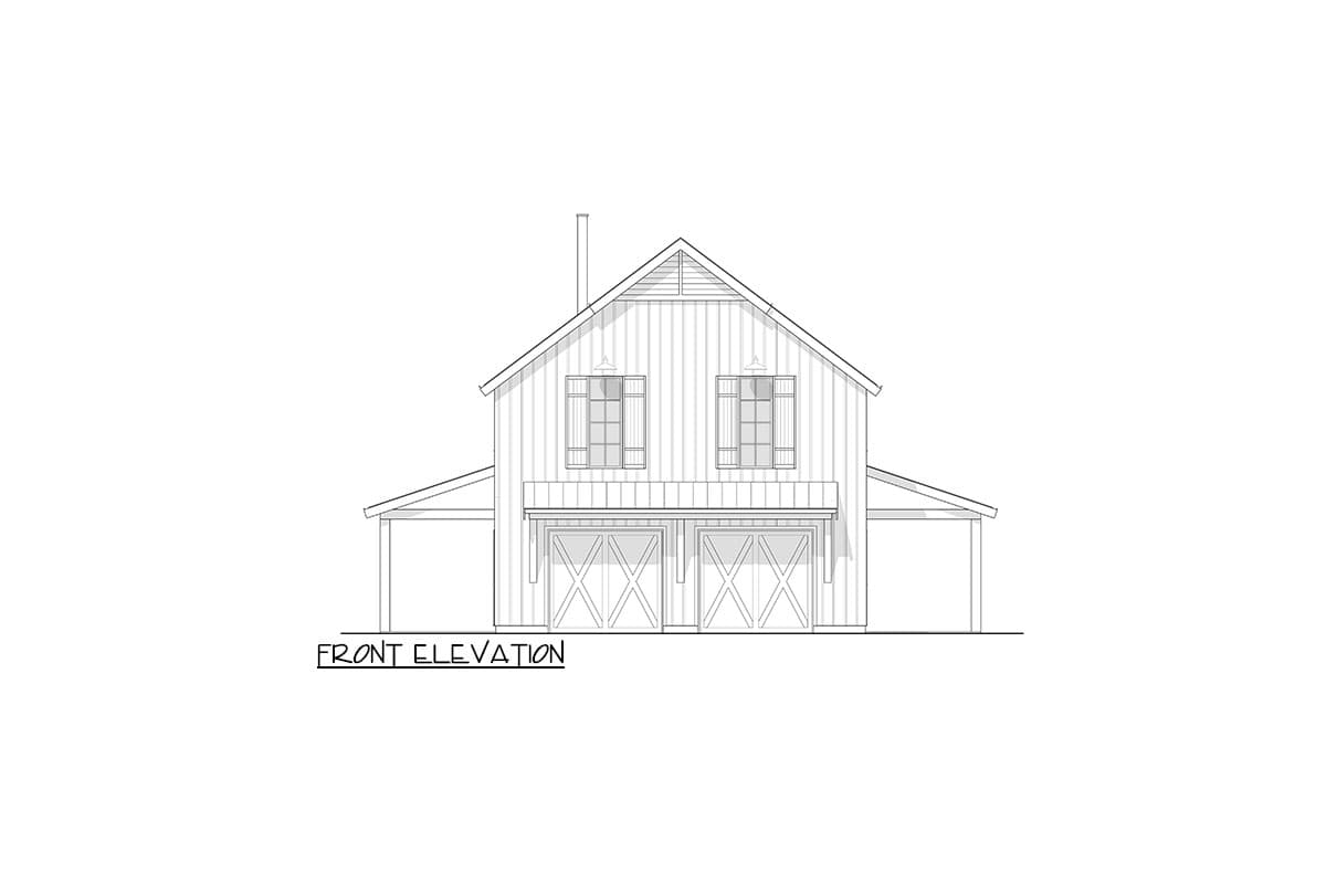 Front elevation of a two-story house plan with board and batten siding, two garage doors, and covered side porches.