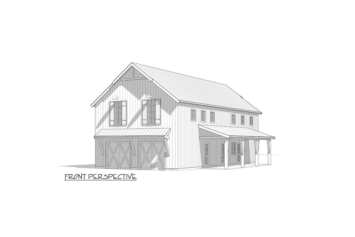 House plan exterior, two-story building with a gabled roof, double garage doors, and a covered porch.