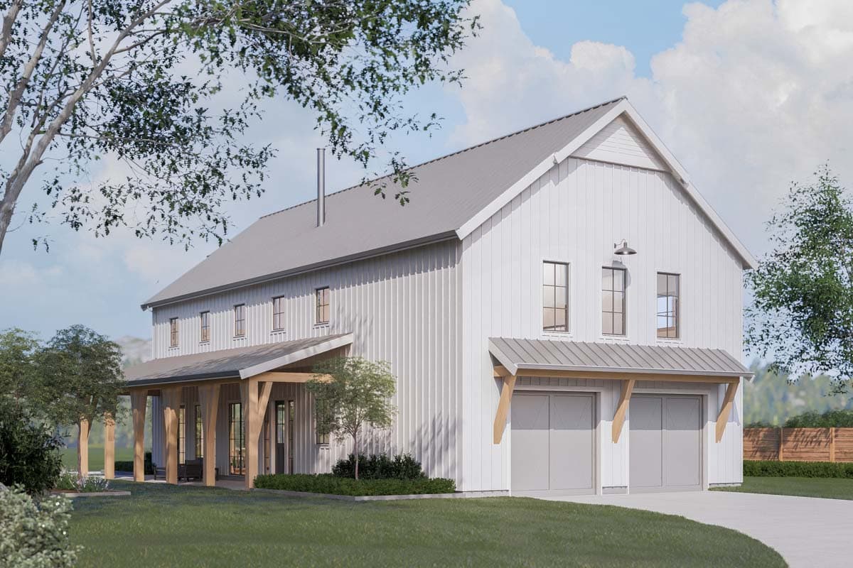 House plan exterior: two-story Modern Farmhouse with gabled roof, board and batten siding, covered porch and attached two-car garage.
