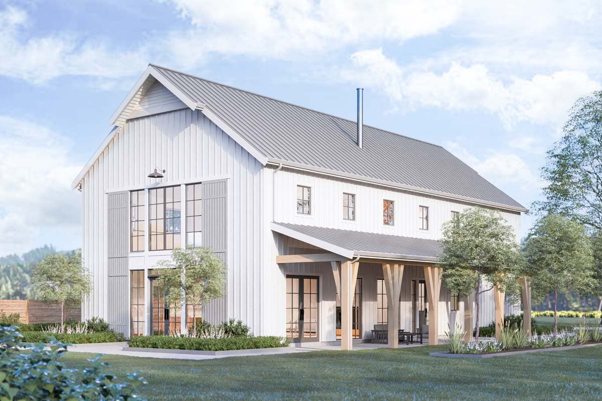 Modern farmhouse house plan exterior with board and batten siding, metal roof, covered porch, and large multi-pane windows.