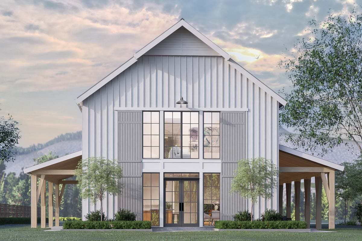 House plan exterior. Two-story barn-style house with board-and-batten siding. Features include gable roof, large windows, and covered porch.