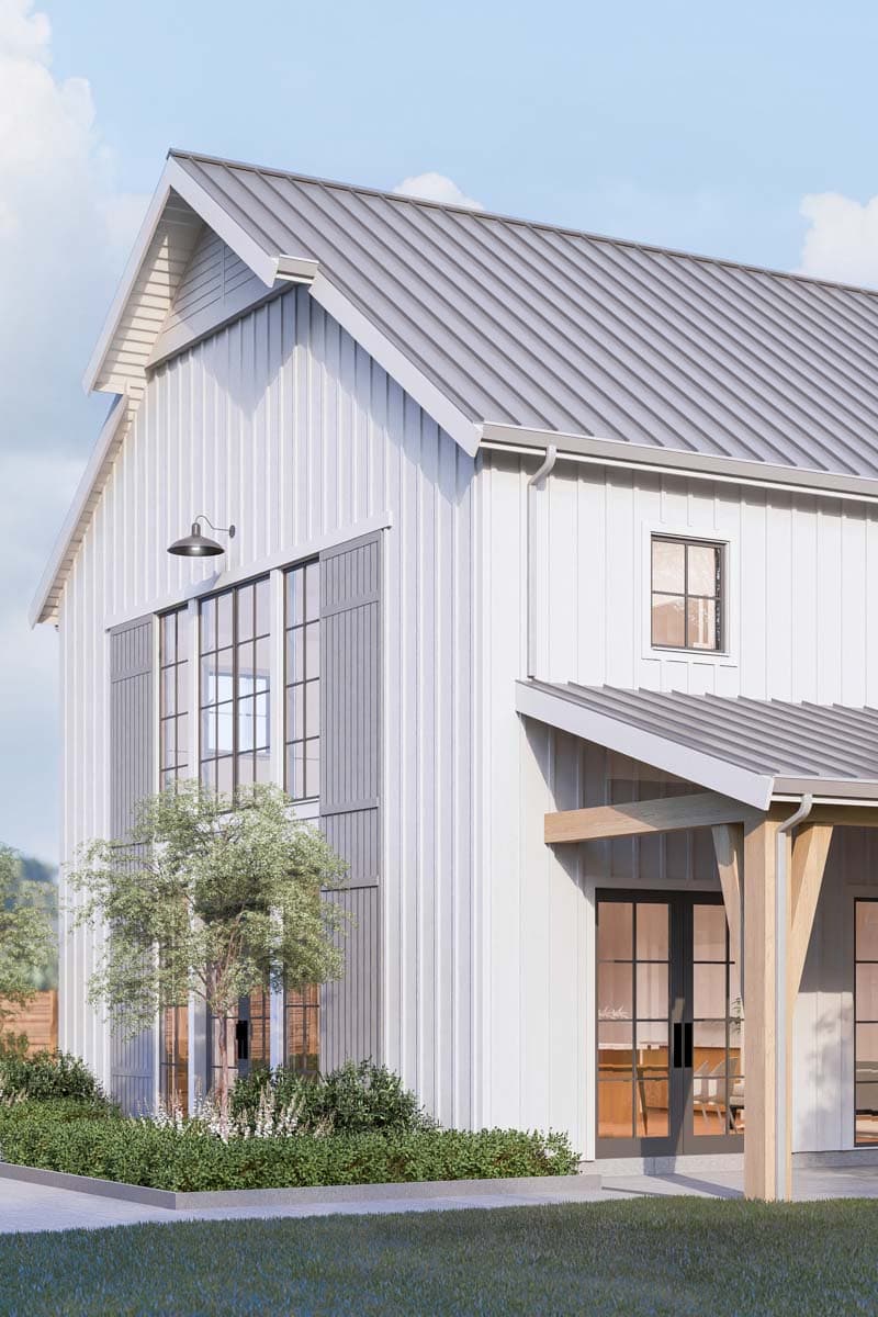 Modern Farmhouse house plan exterior with vertical siding, metal roof, large windows, and covered porch with wood beams.