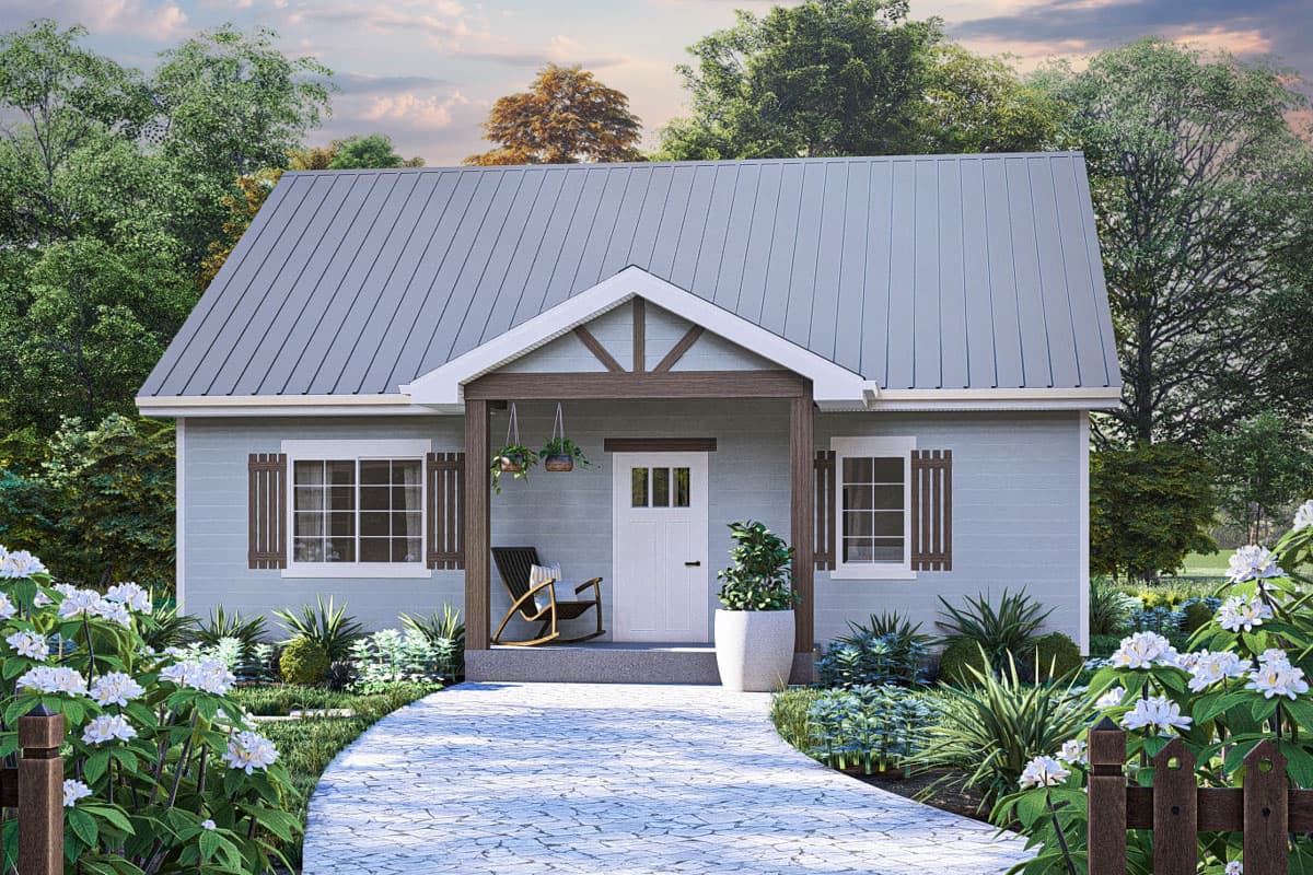 House plan exterior. One-story Cottage style with a front porch, gabled roof, and decorative window shutters.