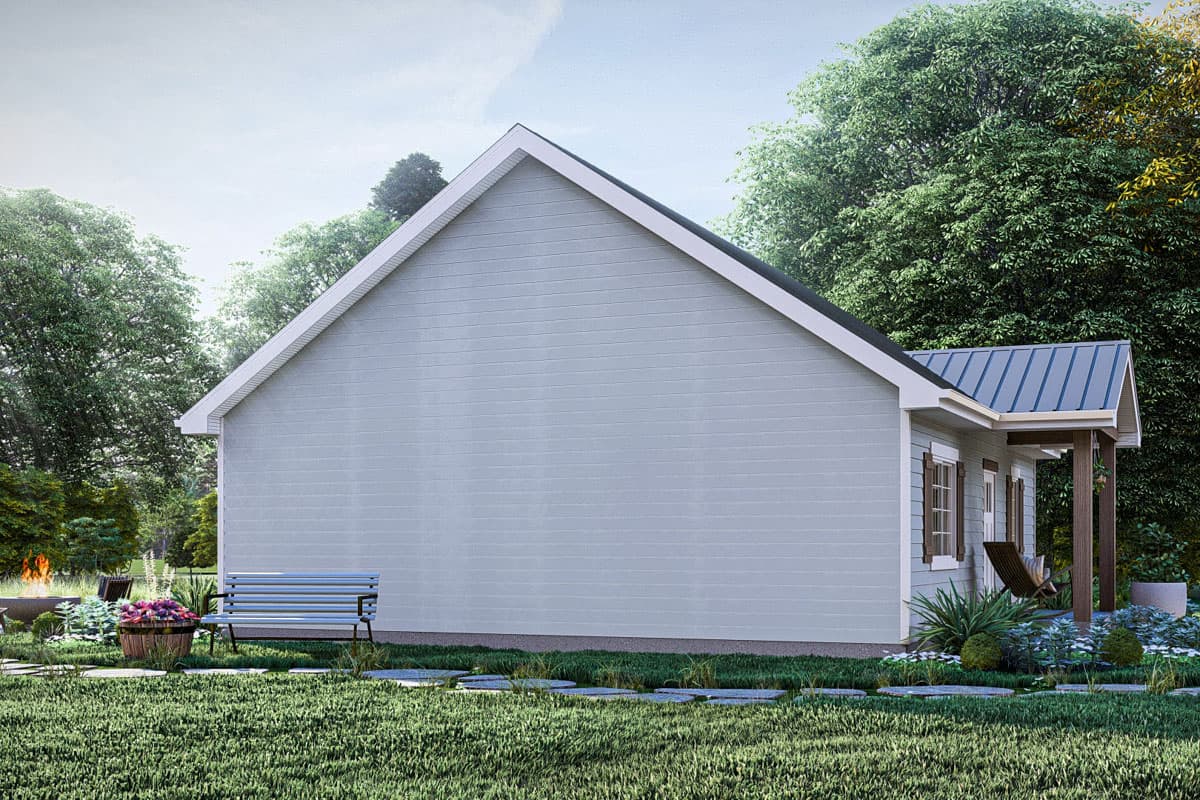 House plan exterior: single-story home with gable roof, metal roof porch, and lap siding.