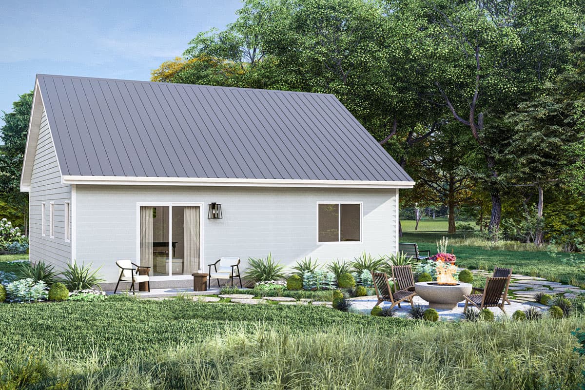 House plan exterior of a one-story home with a gable roof, siding, and large windows.