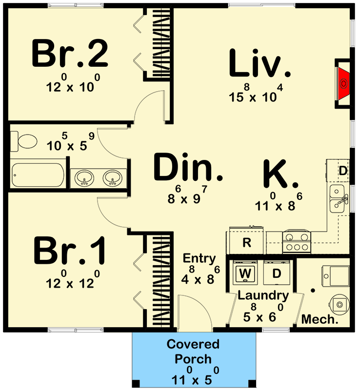 Plan 623367DJ: 2-Bed ADU Home Plan with Fireplace - 866 Sq Ft - Floor Plan - Main Level - Cottage, Country, Traditional