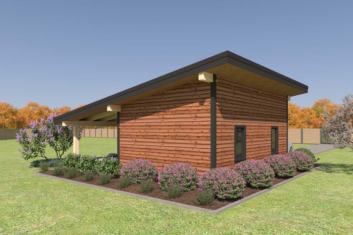 House plan exterior: modern one-story with wood siding, sloped roof, and covered carport with exposed beams.