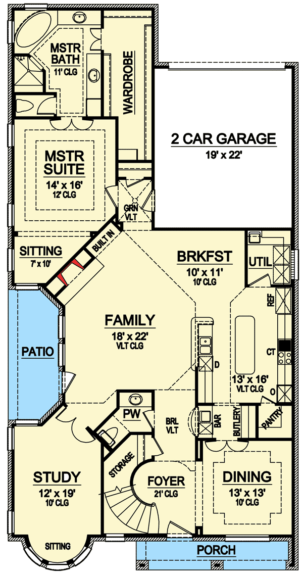 Plan 36277TX: 3-Bed European-Style Home Plan with Vaulted Ceilings - Floor Plan - Main Level - European, French Country